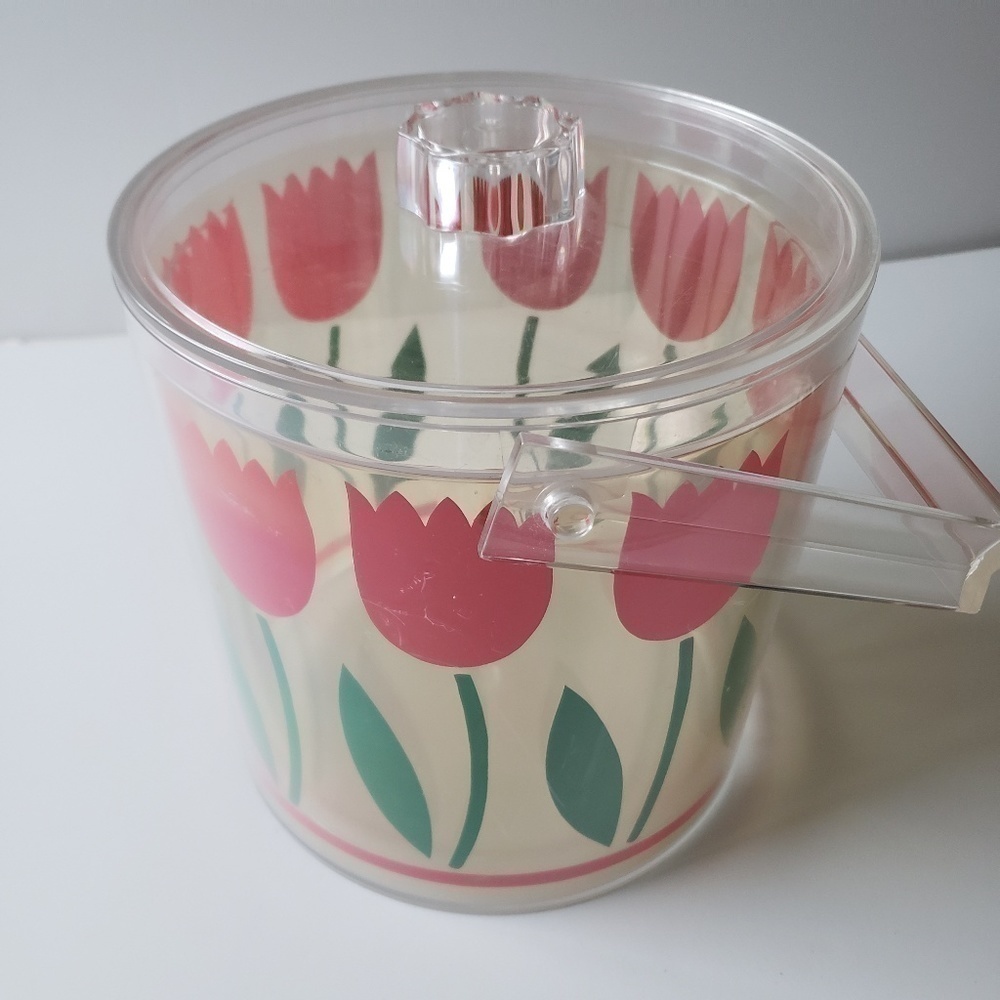 Vintage Mid Century Red Tulip Acrylic with Lid Ice Bucket